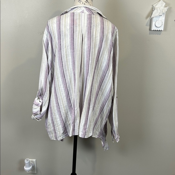 Reitmans Linen Blend Striped Button Front Tie Waist Lightweight Shirt - Picture 5 of 7